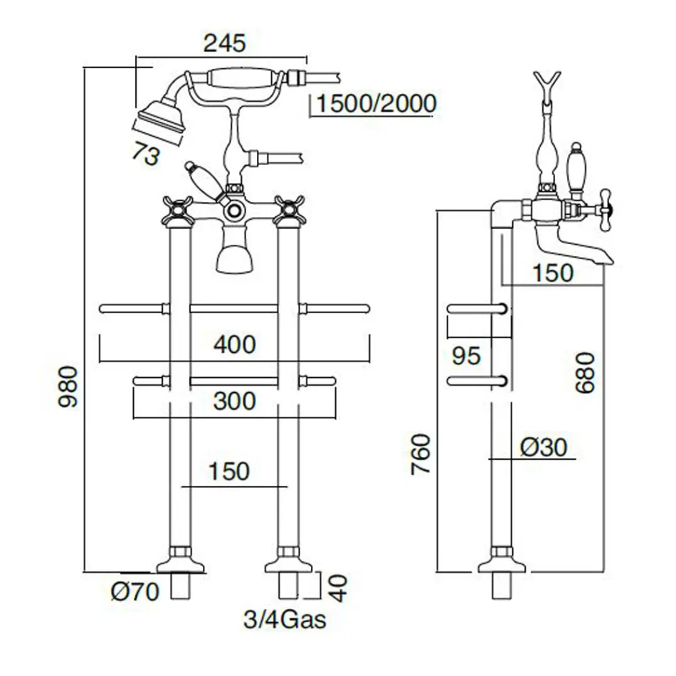 Rubinetteria Vasca Bagno Classica a Pavimento in Ottone con Doccetta - Fioretta Viadurini