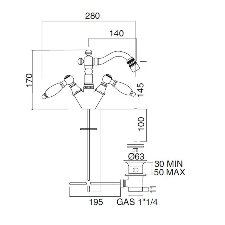 Rubinetto Bidet Monoforo Classico con Leve in Ottone Artigianale - Noriana Viadurini