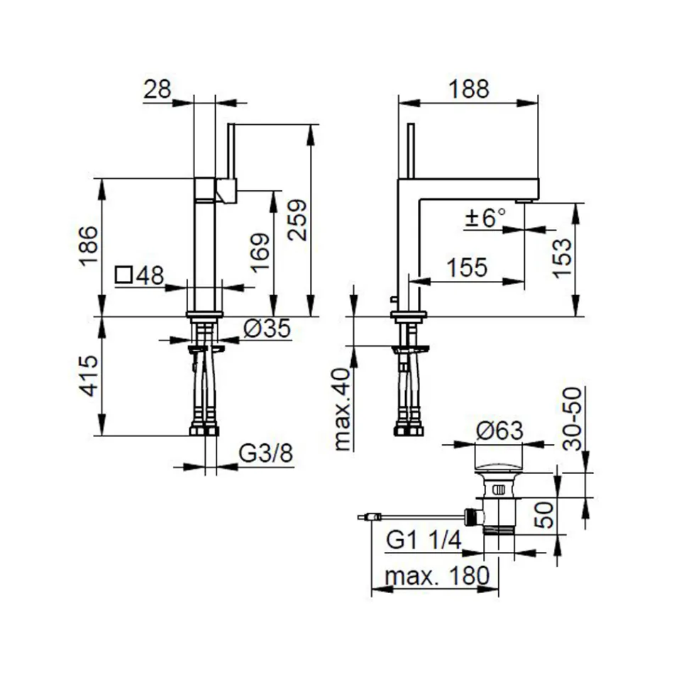 Rubinetto Miscelatore Monocomando per Lavabo Ottone Design Squadrato - Erik Viadurini