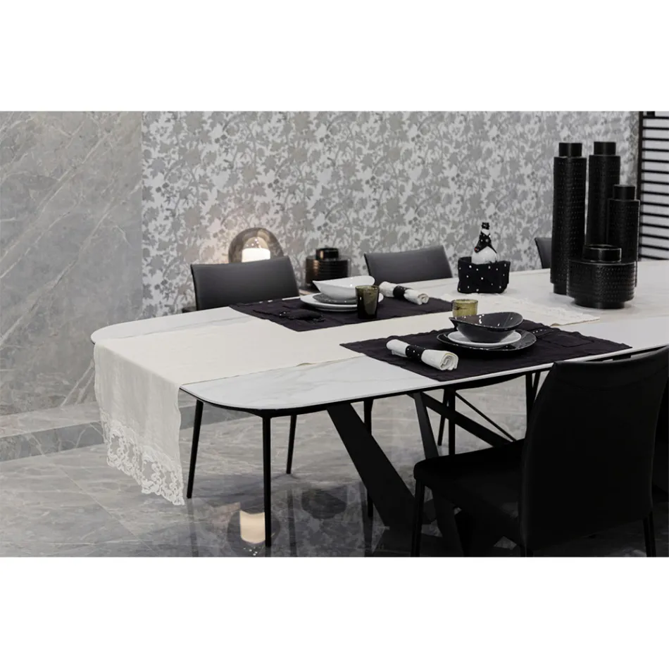 Runner in Lino con Pizzo Bianco da Tavolo Qualità di Lusso Italiana - Farnese Viadurini