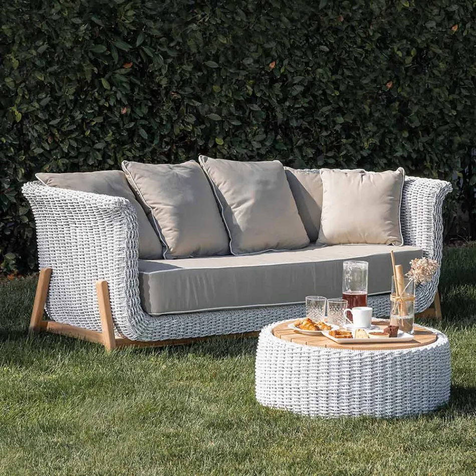 Salotto Componibile da Giardino in Teak e Corda Intrecciata a Mano - Arjuna Viadurini