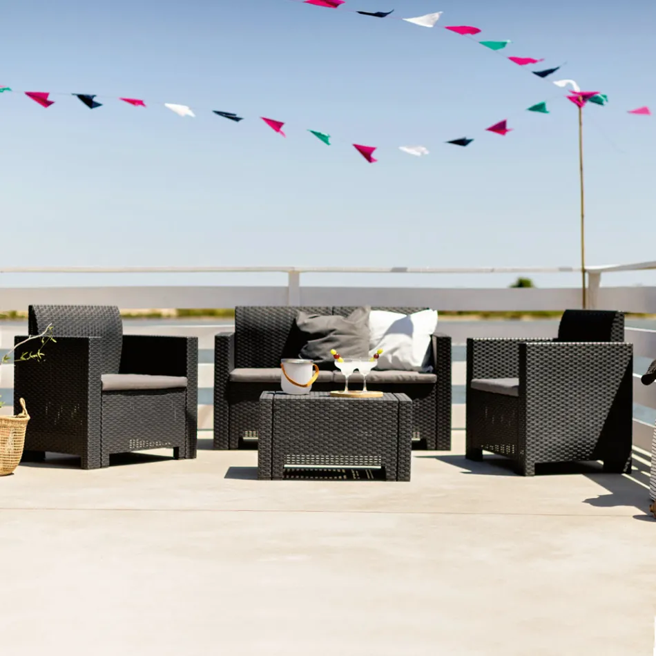 Salotto con 1 Divano, 2 Poltrone e 1 Tavolino con Cuscini Seduta - Machine Viadurini