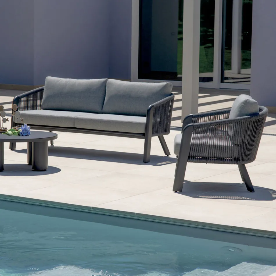 Salotto da Giardino in Alluminio e Corda Intrecciata con Cuscini - Smeria Viadurini