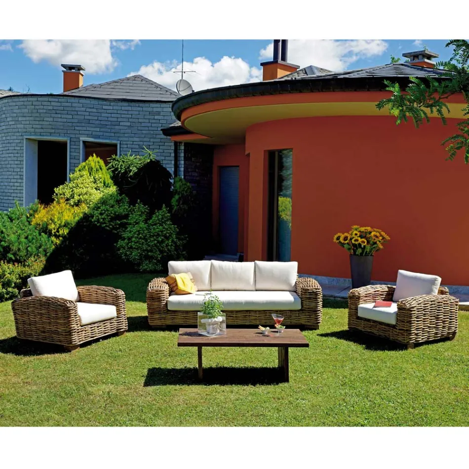 Salotto da Giardino in Rattan con Tavolino in Legno e Cuscini - Hugues Viadurini