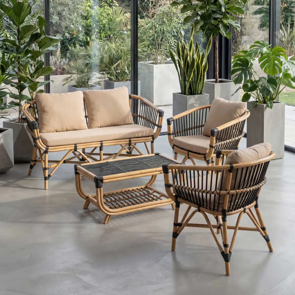 Salotto da Giardino in Rattan Naturale con Cuscini Inclusi – Catelyn Viadurini