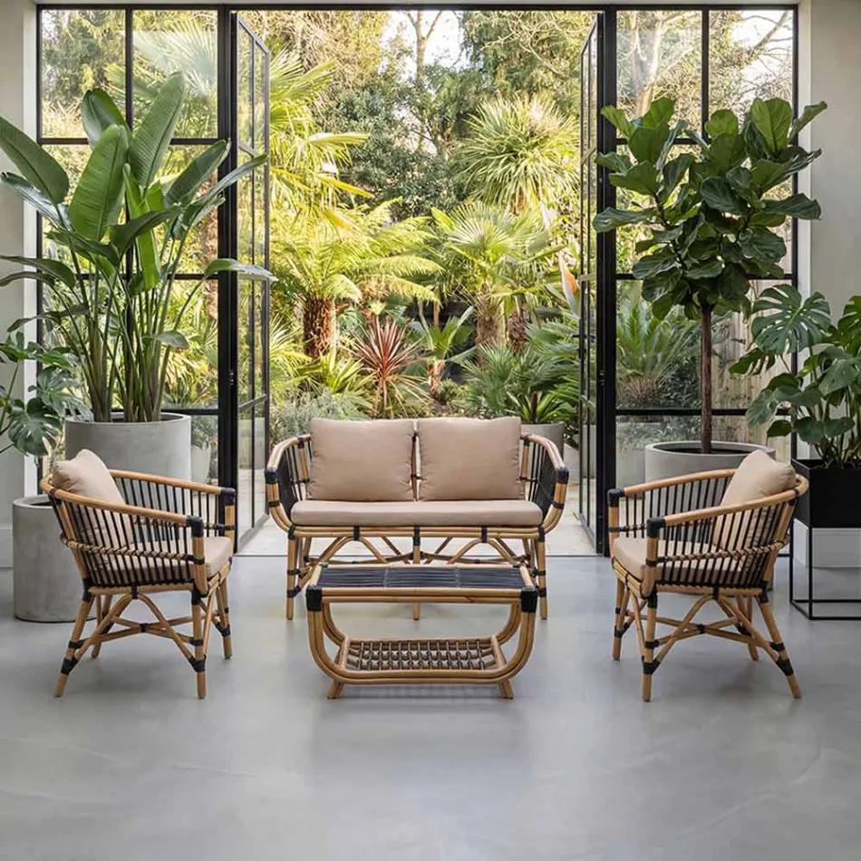 Salotto da Giardino in Rattan Naturale con Cuscini Inclusi – Catelyn Viadurini