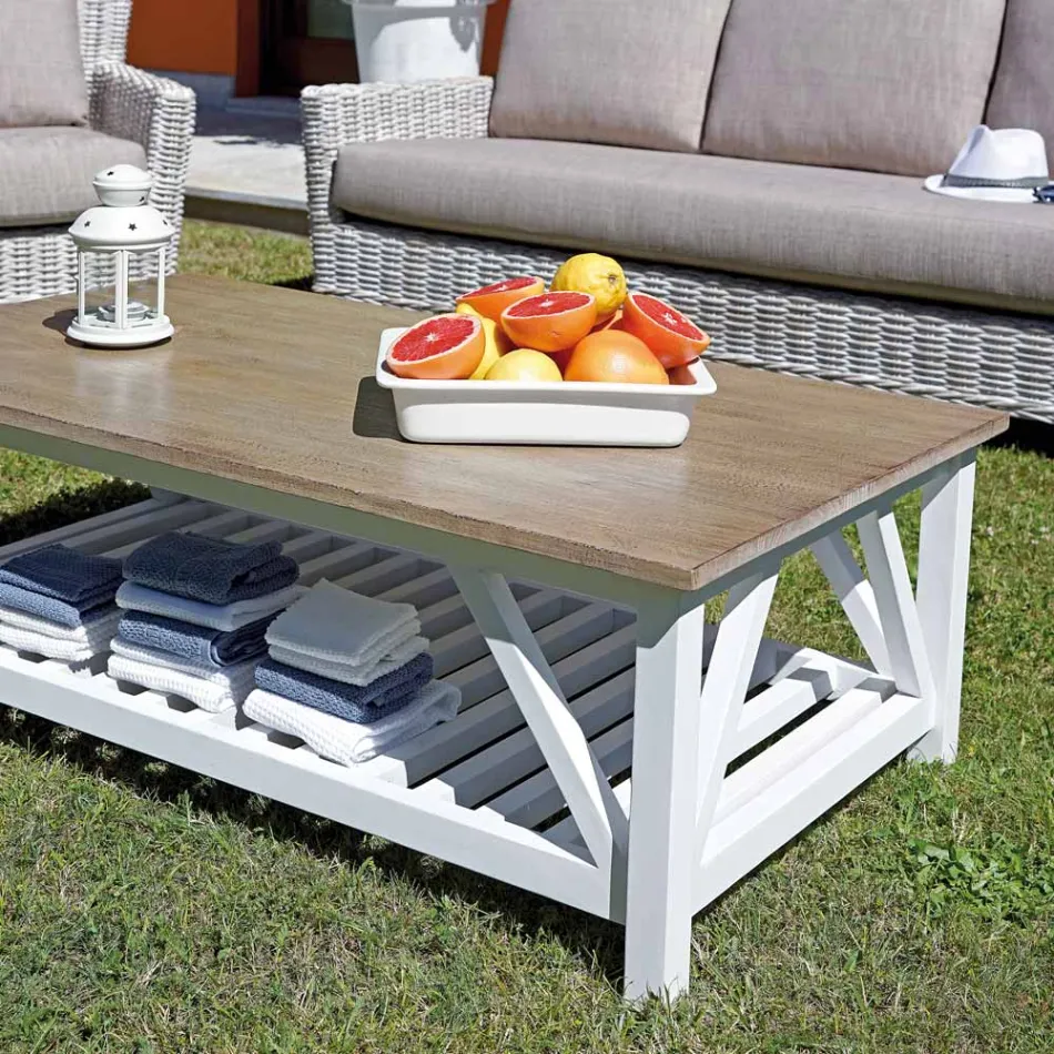 Salotto Esterno con Tavolino Legno di Mango e Cuscini Policotone - Orlanda Viadurini