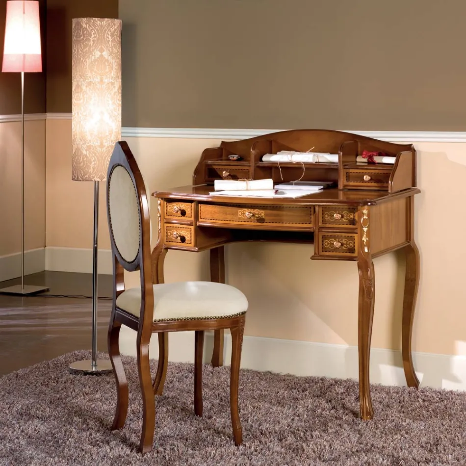 Scrivania 7 Cassetti Legno di Noce con Intarsi Made in Italy - Katerine Viadurini