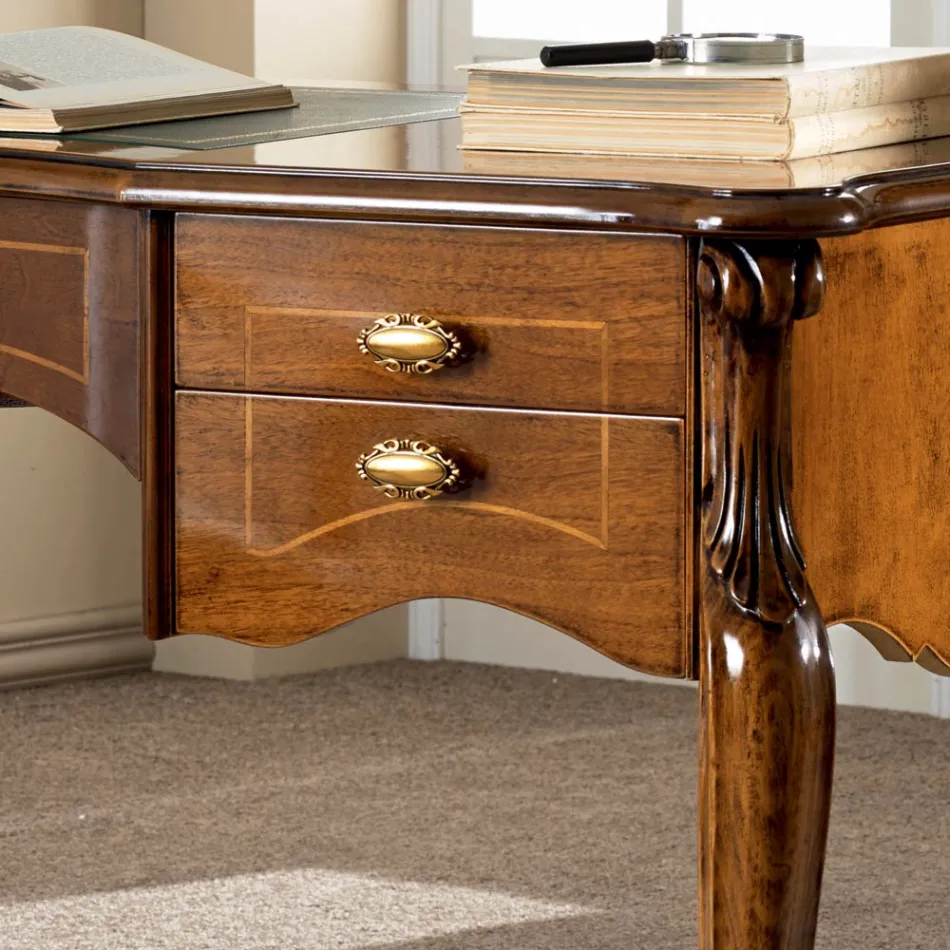 Scrivania Classica 5 Cassetti in Legno e Ecopelle Made in Italy - Commodo Viadurini
