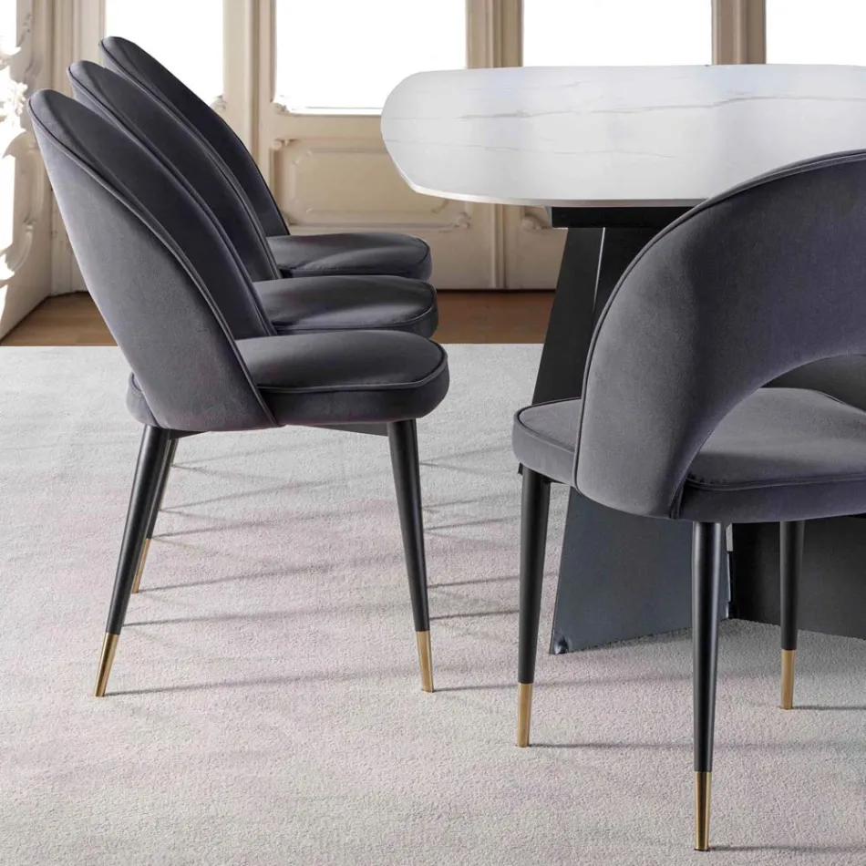 Sedia in Velluto con Gambe in Metallo Nero e Ottone Satinato, 4 Pezzi - Sibea Viadurini