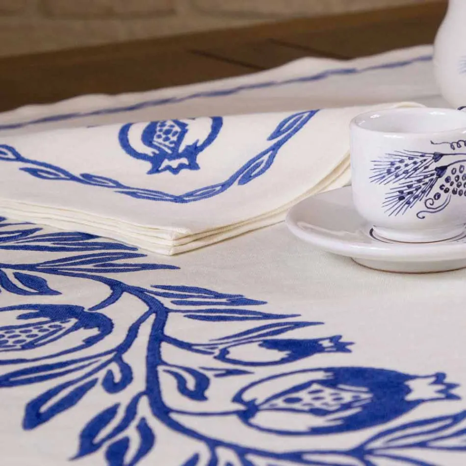 Servizio da Colazione in Lino con Stampa Artigianale a Mano Pezzo Unico - Marchi Viadurini