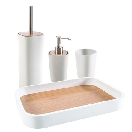 Set accessori moderni per bagno in ceramica e legno Carsoli Viadurini