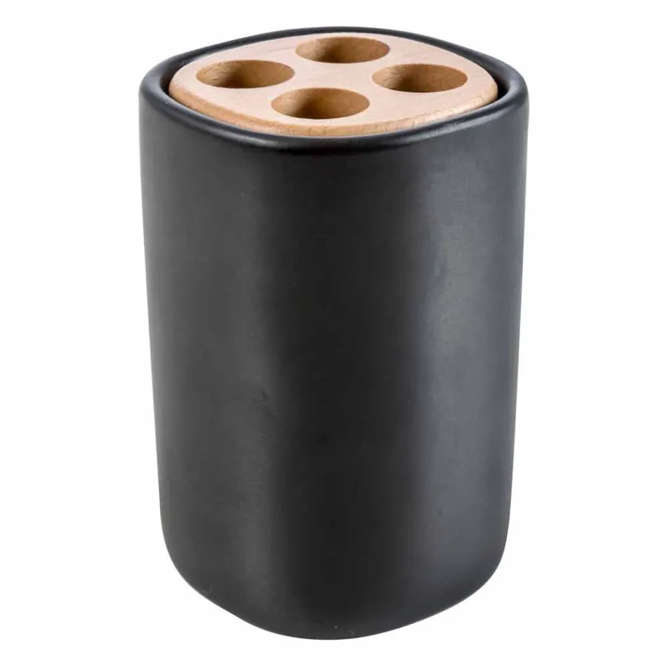 Set accessori moderni per bagno in ceramica e legno Carsoli Viadurini