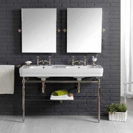 Set bagno con consolle doppia in ceramica bianca su struttura Linear Viadurini