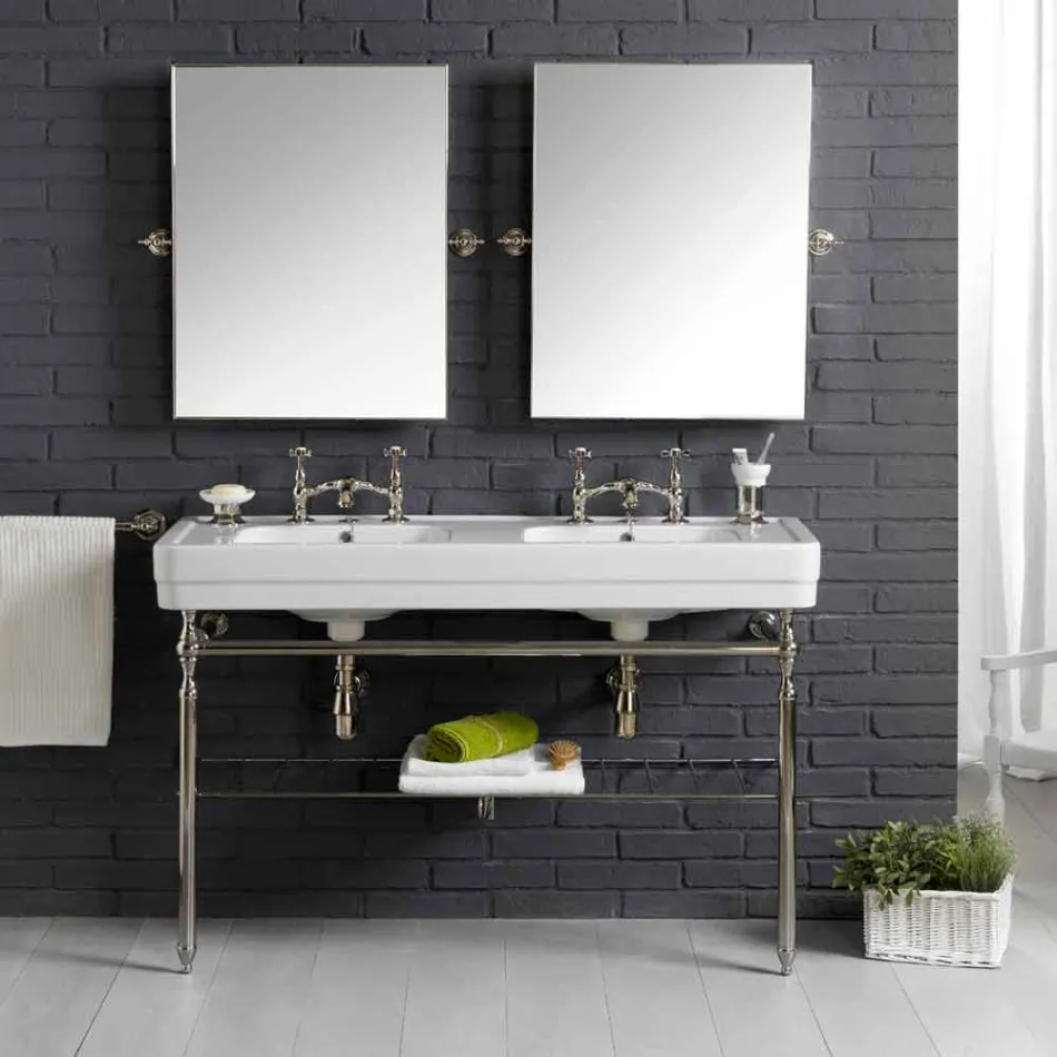 Set bagno con consolle doppia in ceramica bianca su struttura Linear Viadurini