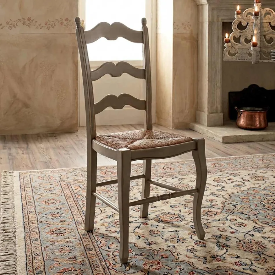 Set di 4 Sedie in Legno Color Tortora e Paglia Made in Italy - Celestino Viadurini