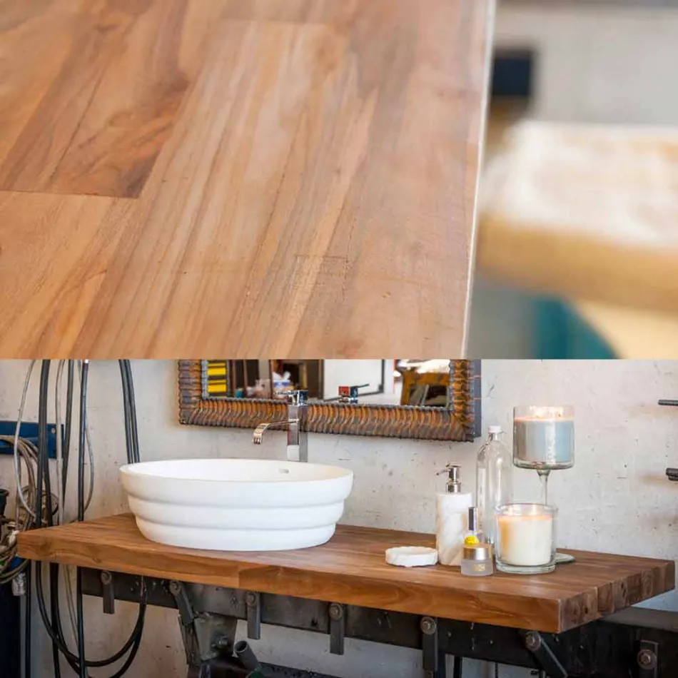 Set di mobili di design sospeso per bagno in teak listellare Poggio Viadurini