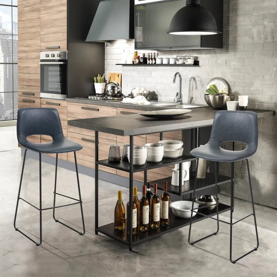 Sgabello Alto da Cucina in Pelle Sintetica e Metallo Nero 2 Pezzi - Yuri Viadurini