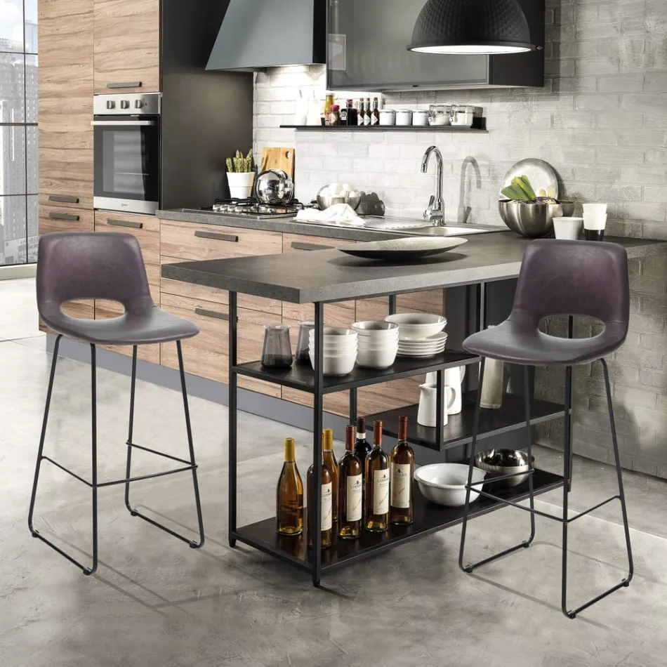 Sgabello Alto da Cucina in Pelle Sintetica e Metallo Nero 2 Pezzi - Yuri Viadurini