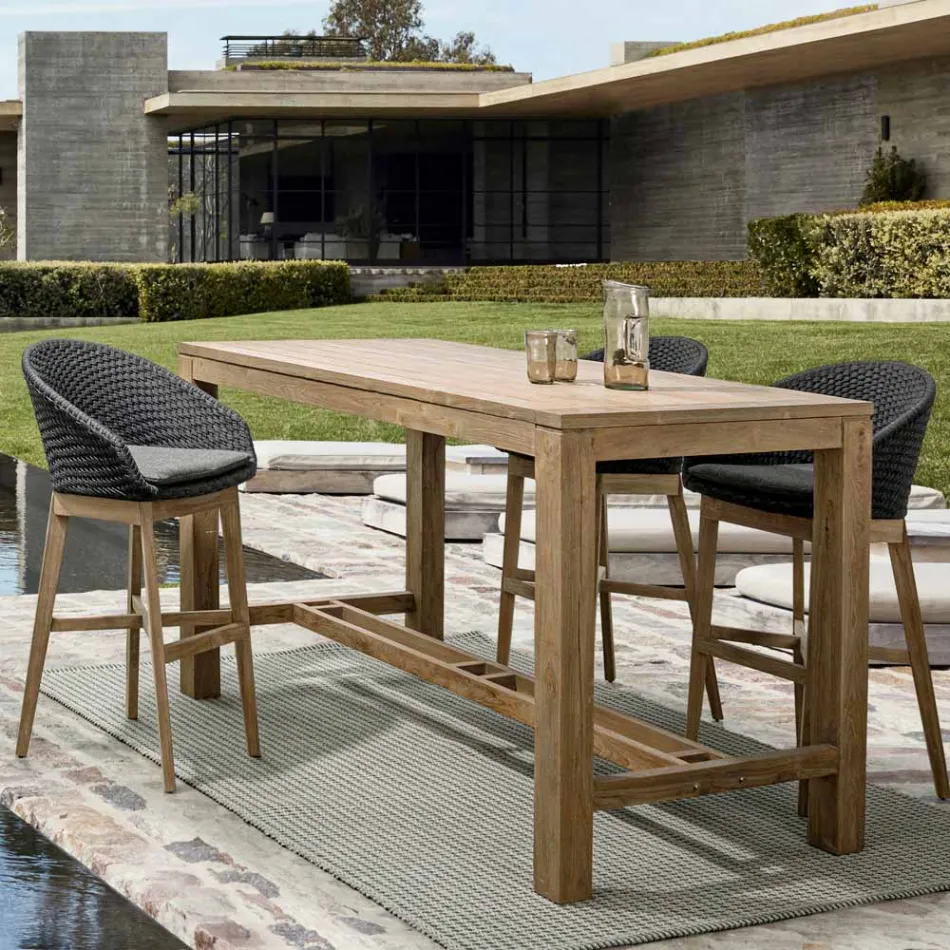 Sgabello Alto da Esterno in Corda e Legno di Teak, Homemotion, 2 Pezzi - Anitha Viadurini