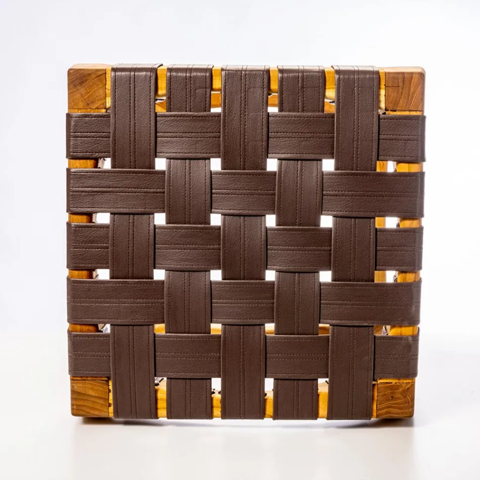 Sgabello da Bagno di Design Realizzato in Teak con Seduta Intrecciata - Yucca Viadurini