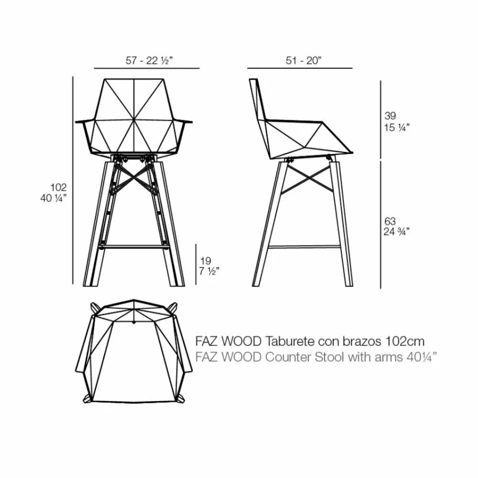 Sgabello da Cucina con Braccioli in Legno e Plastica - Faz Wood by Vondom Viadurini