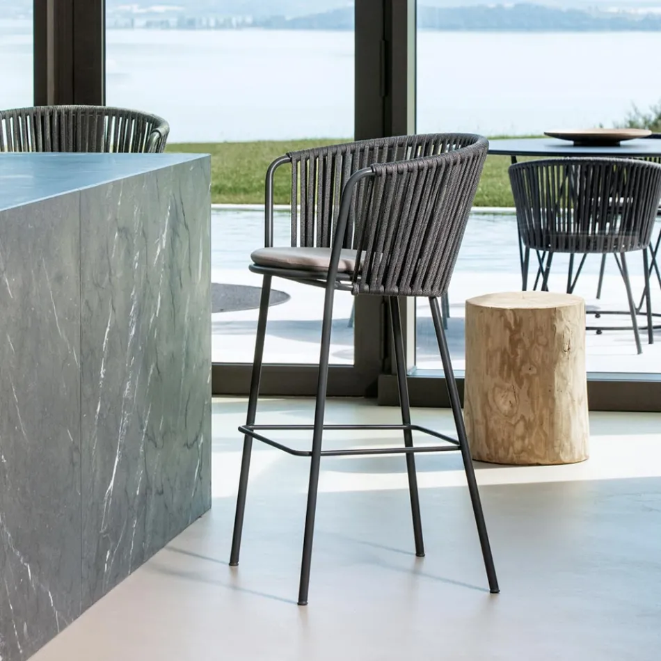 Sgabello da Giardino in Acciaio Inox e Schienale in Corda - Luxura Viadurini