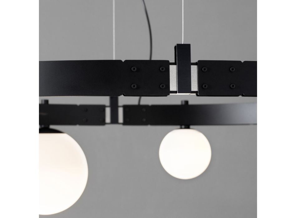 Sospensione di Design Ovale in Alluminio Nero con Sfere e Faretti - Esodo Viadurini