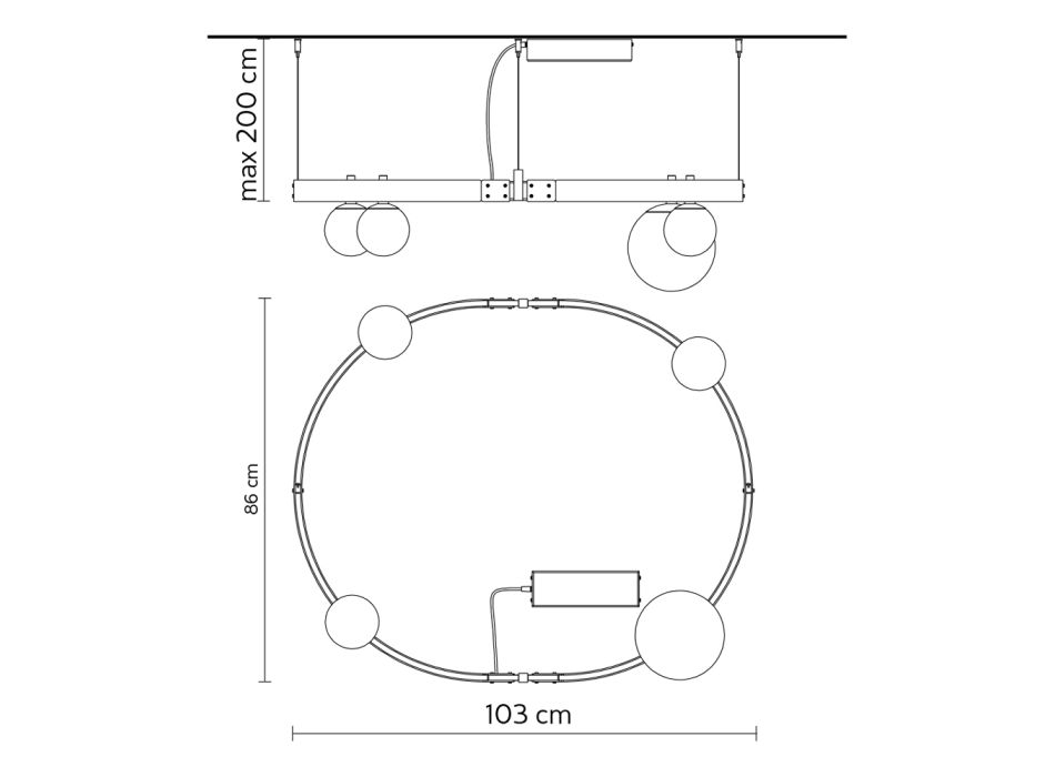 Sospensione di Design Ovale in Alluminio Nero con Sfere e Faretti - Esodo Viadurini