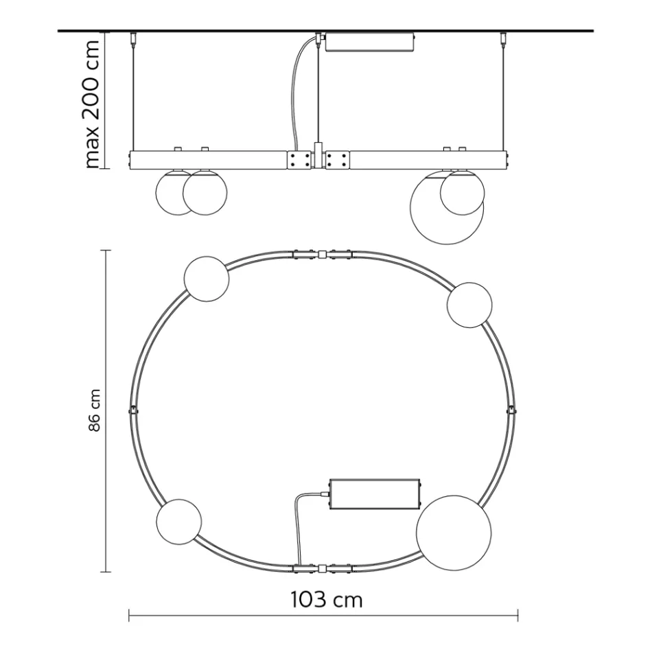 Sospensione di Design Ovale in Alluminio Nero con Sfere e Faretti - Esodo Viadurini