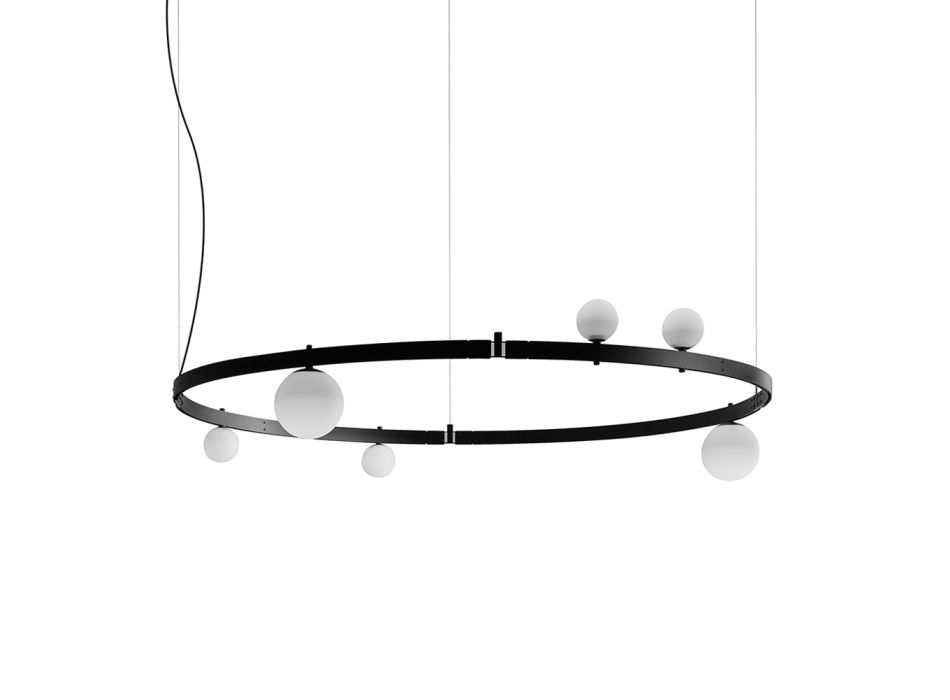 Sospensione di Design Tondo in Alluminio Nero con Sfere e Faretti - Esodo Viadurini