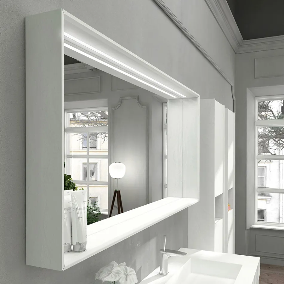 Specchio Bagno a Muro con Luce LED e Cornice in Legno Made in Italy - Geppio Viadurini