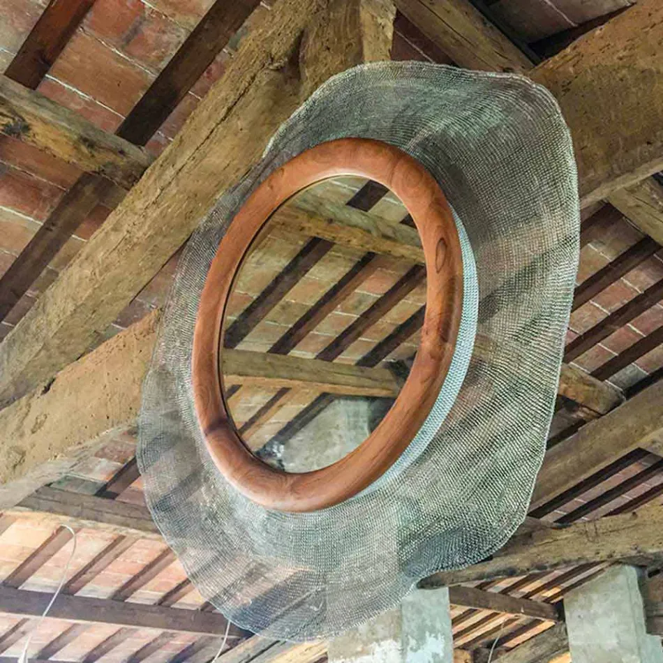 Specchio circolare da parete moderno in metallo e teak Monno Viadurini