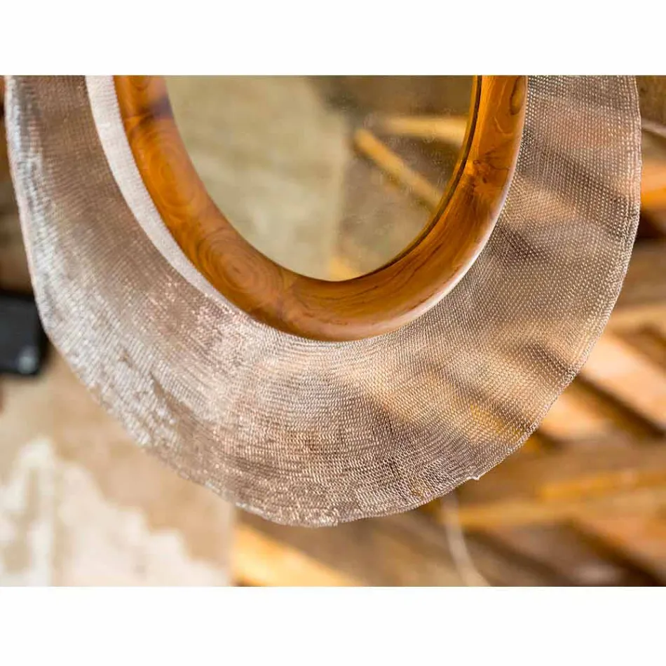 Specchio circolare da parete moderno in metallo e teak Monno Viadurini