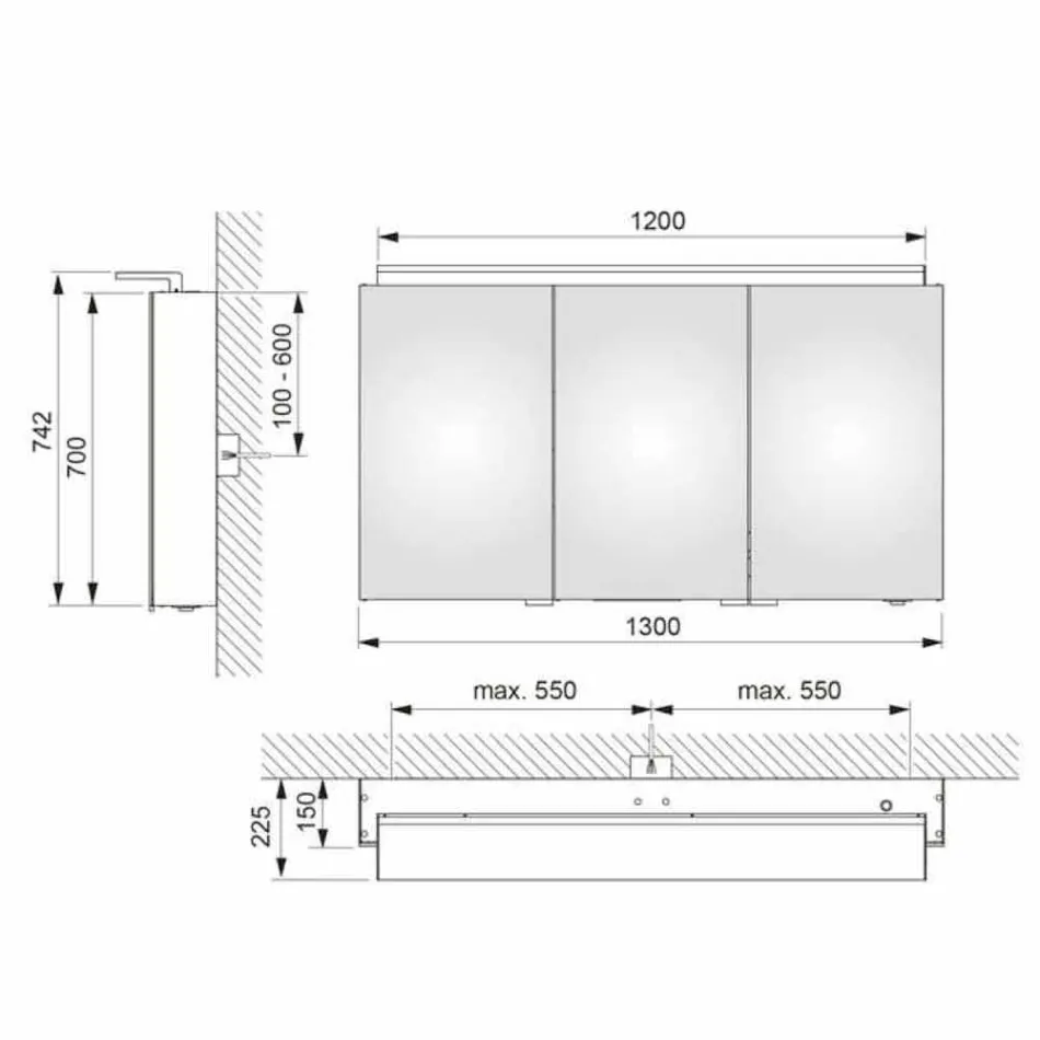 Specchio con Contenitore da Parete a 3 Ante Moderno con Ripiani Interni - Bramo Viadurini
