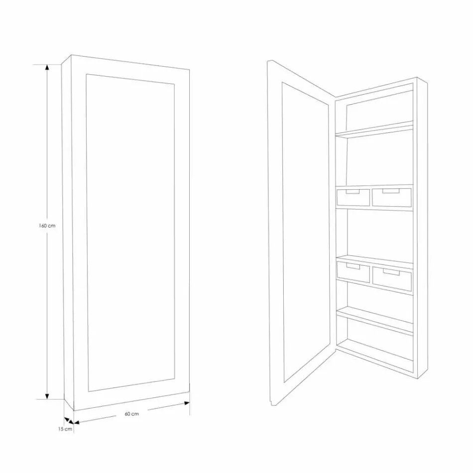 Specchio Contenitore da Parete in Teak con Ripiani e Cassetti Interni - Ralio Viadurini