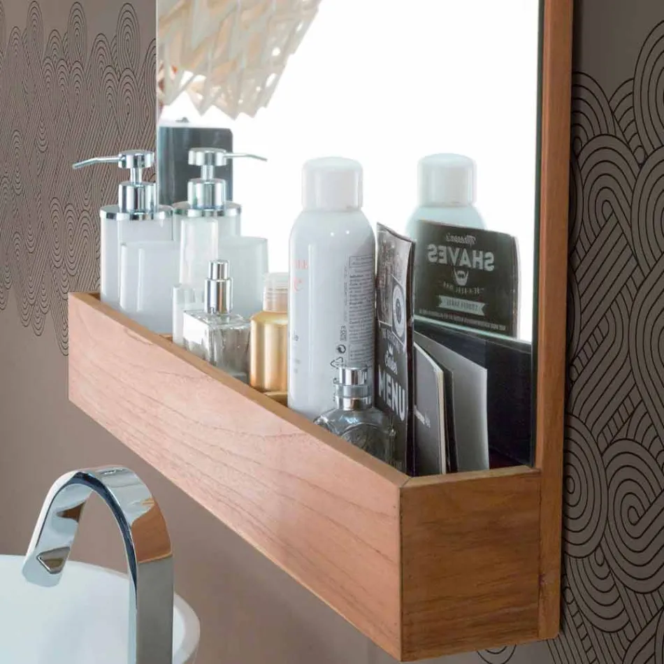 Specchio da Parete con Struttura e Vano Portaoggetti in Legno Teak - Palima Viadurini