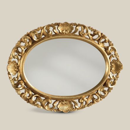 Specchio Ovale Cornice Legno Traforato Foglia Oro Made in Italy - Florence Viadurini