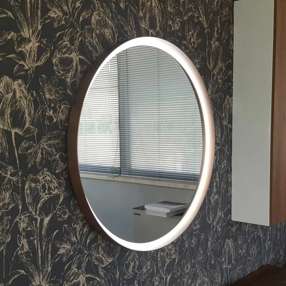 Specchio Rotondo a Parete con Cornice in Metallo Vari Colori e Luce Led - Renga Viadurini