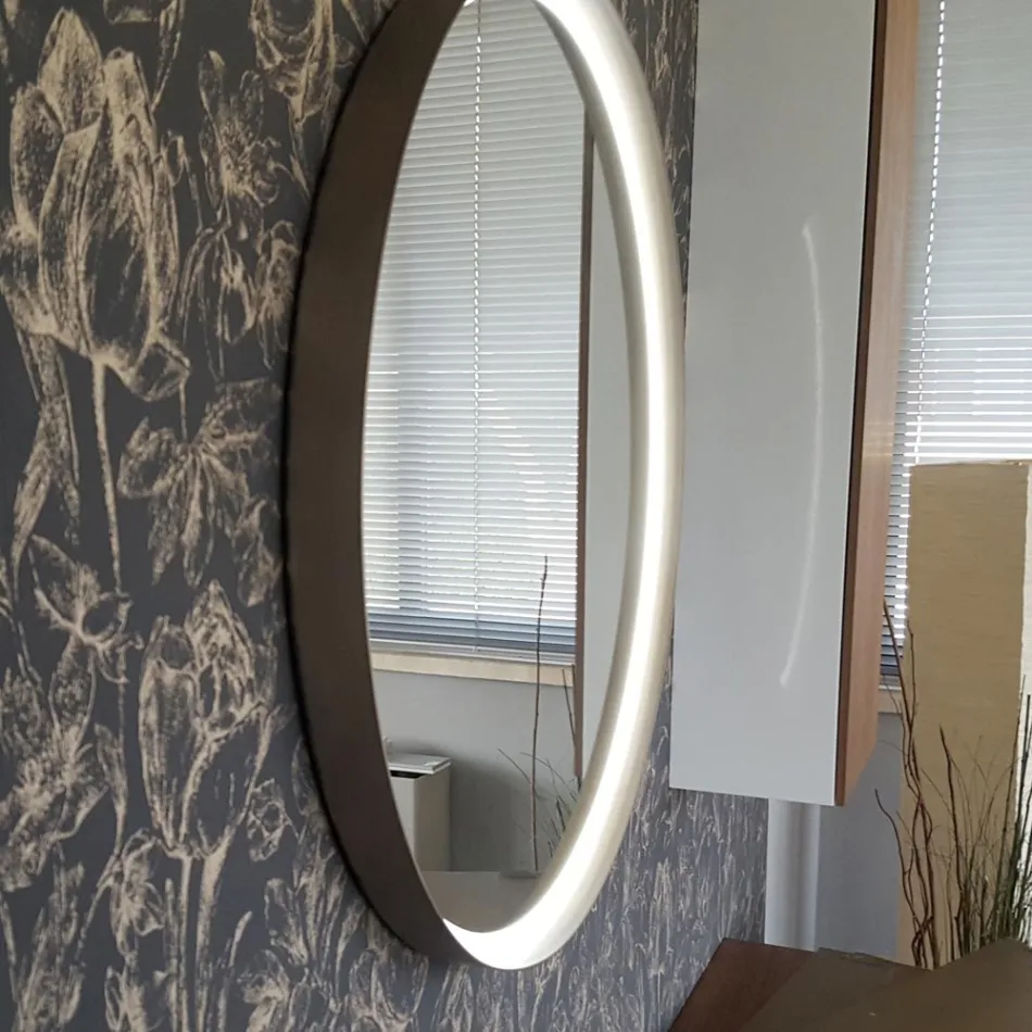 Specchio Rotondo a Parete con Cornice in Metallo Vari Colori e Luce Led - Renga Viadurini