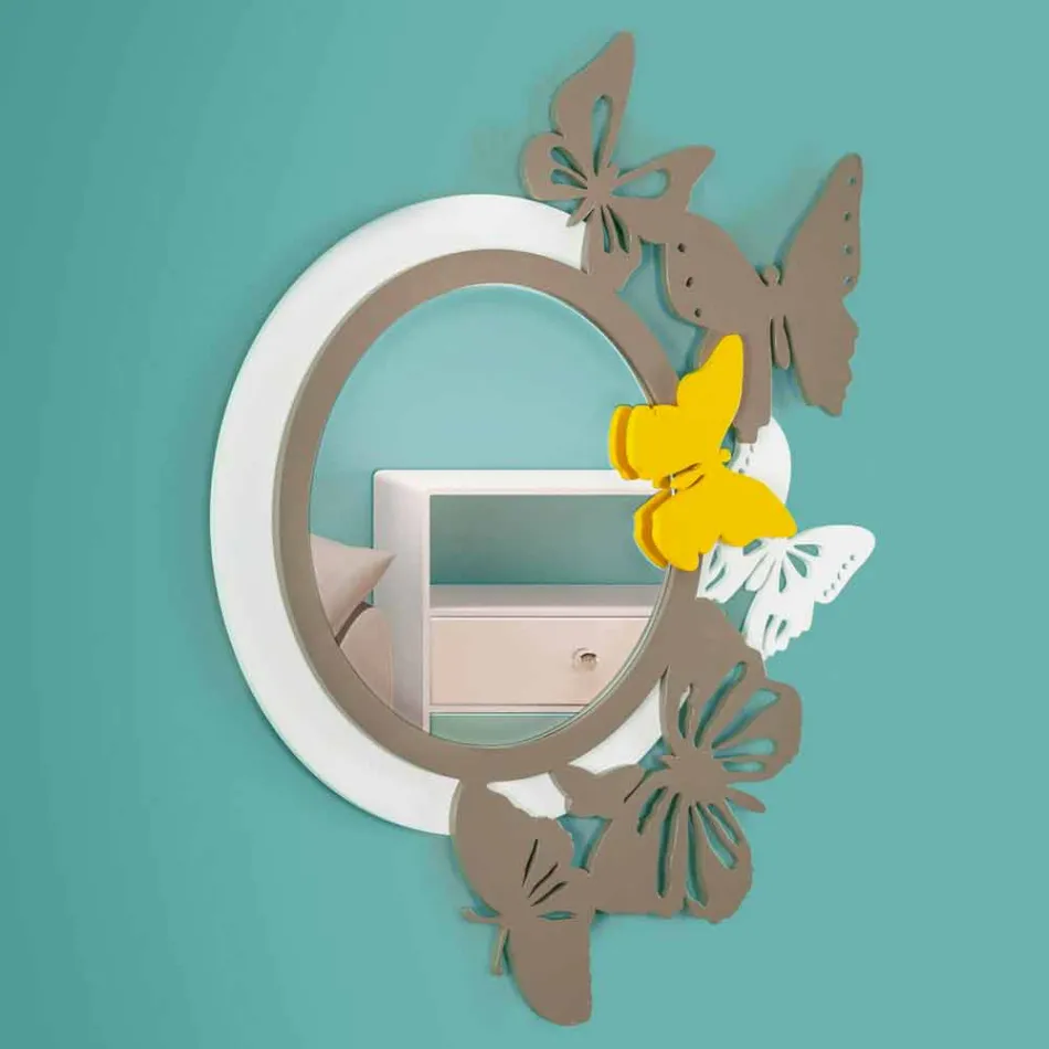 Specchio Rotondo di Design Moderno in Legno Colorato con Farfalle - Battito Viadurini