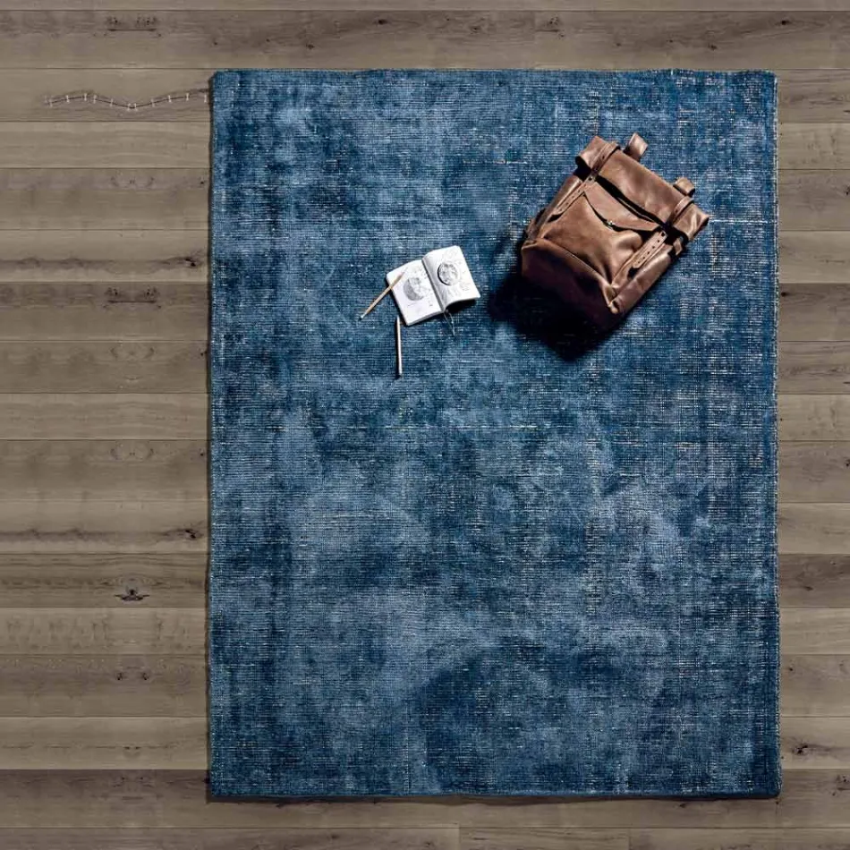 Tappeto da Salotto in Cotone, Viscosa e Lana Prodotto su Telaio Manuale - Melita Viadurini