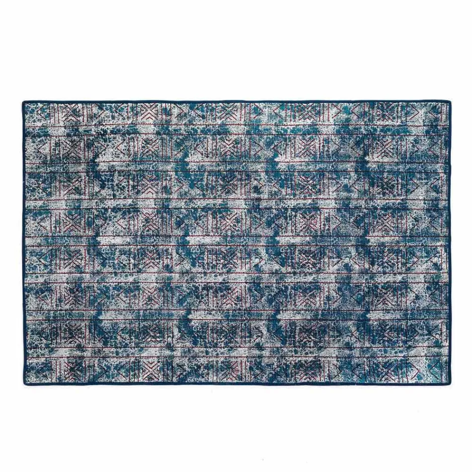 Tappeto Rettangolare in Cotone Kilim Blu con Patchwork Colorato - Fibra Viadurini