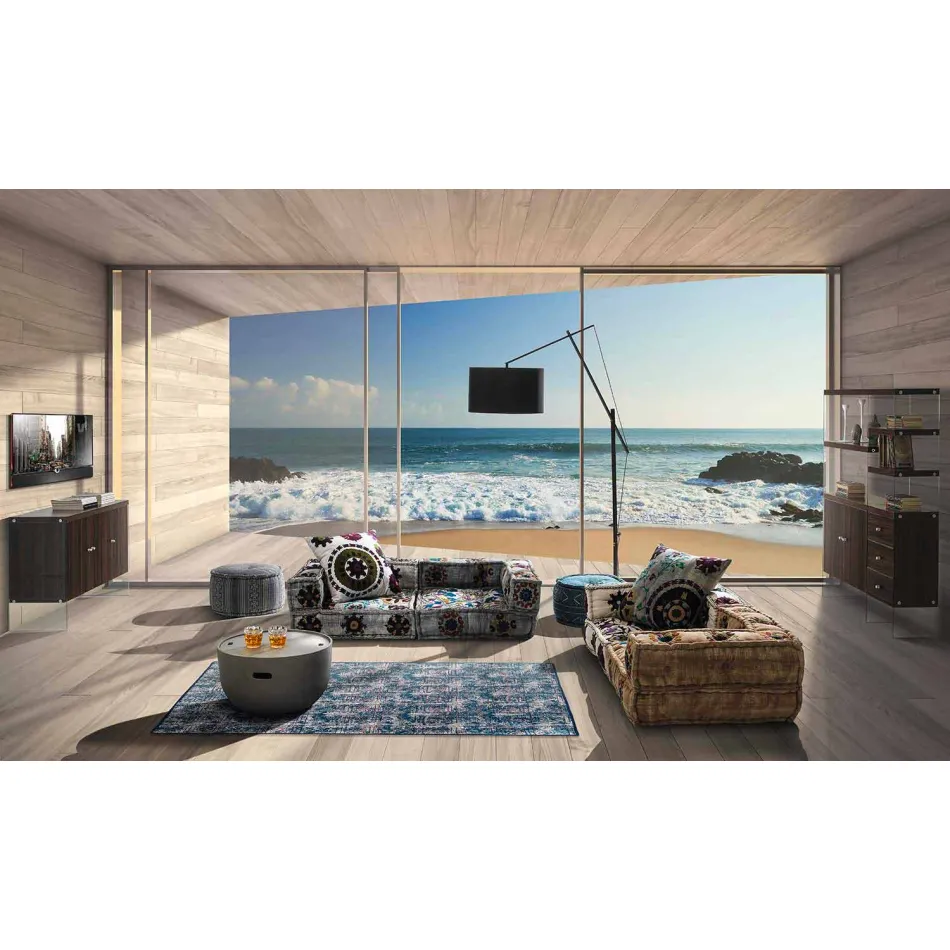 Tappeto Rettangolare in Cotone Kilim Blu con Patchwork Colorato - Fibra Viadurini