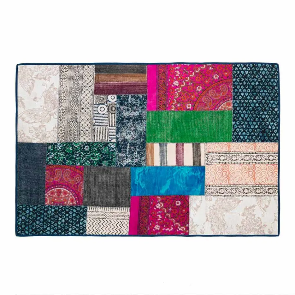 Tappeto Rettangolare in Cotone Kilim Blu con Patchwork Colorato - Fibra Viadurini