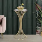 Tavolino Alto Rotondo in Ferro Dorato con Sfere e Piano in Vetro Fumé - Dexter Viadurini