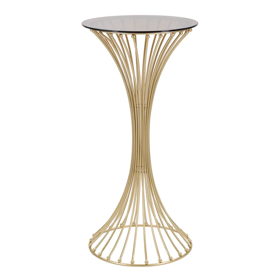 Tavolino Alto Rotondo in Ferro Dorato con Sfere e Piano in Vetro Fumé - Dexter Viadurini