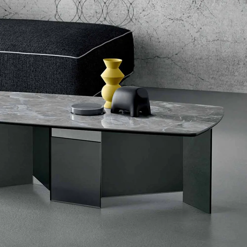 Tavolino Basso Salotto Piano in Ceramica e Gambe in Vetro Fumè 3 Misure - Random Viadurini