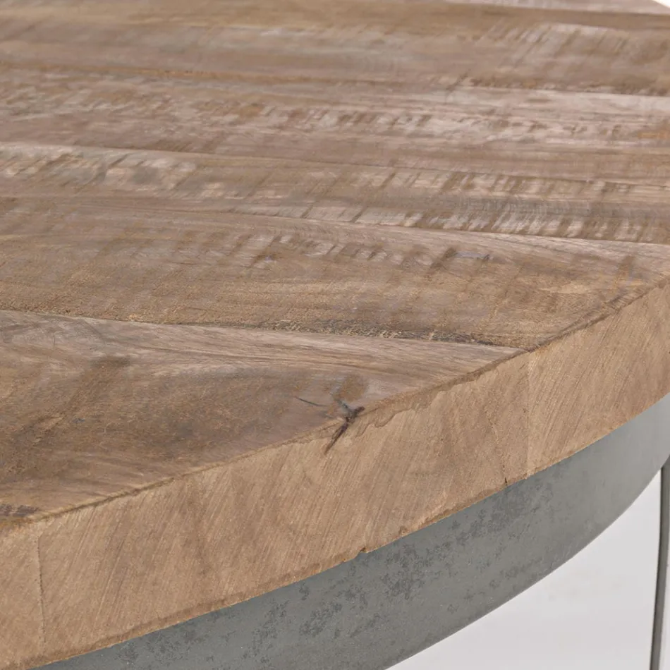 Tavolino Basso Tondo da Soggiorno in Legno di Mango e Acciaio - Moncheri Viadurini