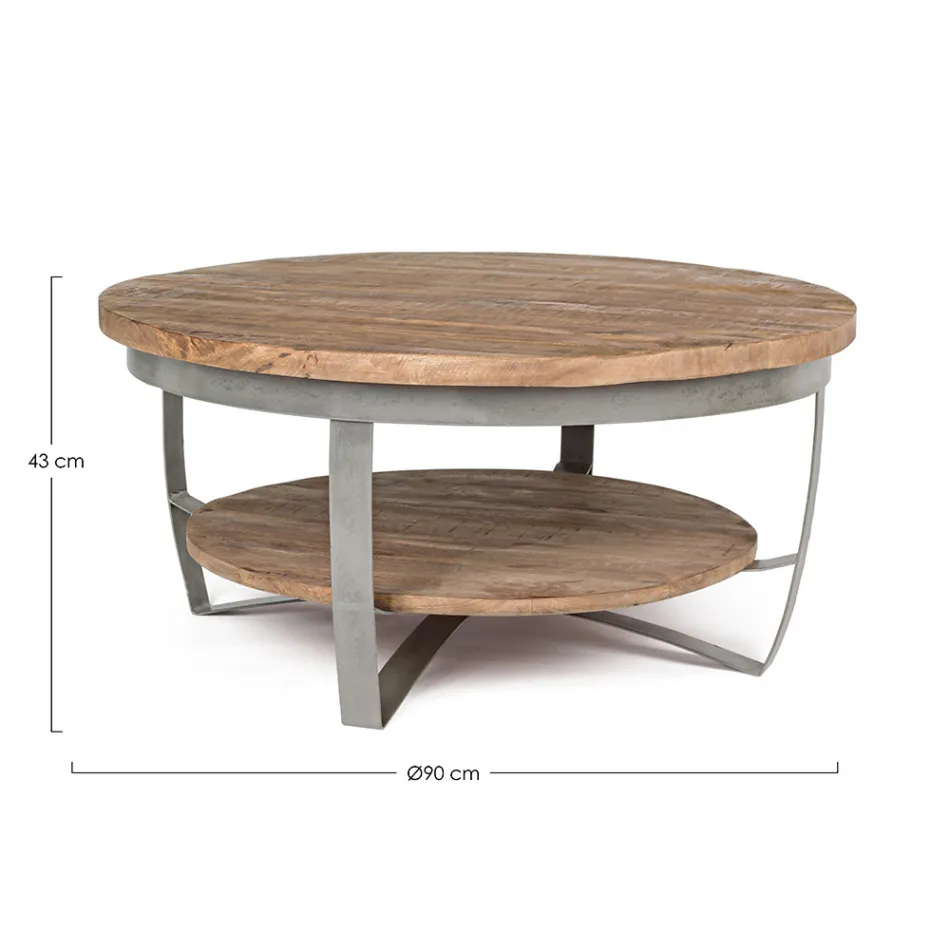Tavolino Basso Tondo da Soggiorno in Legno di Mango e Acciaio - Moncheri Viadurini